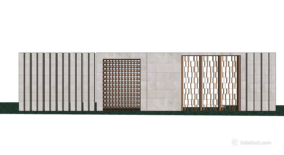 Modern Landscape Feature Wall With Vertical Striped Panels And Perforated Lattice Design 3d model 