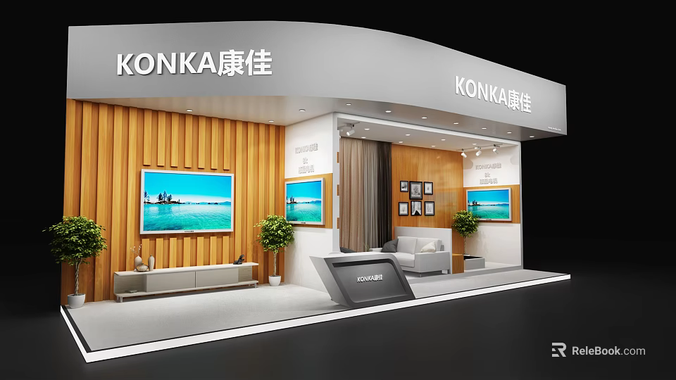 KONKA Exhibition Booth With Large Screen TVs Wooden Walls And Green Plants 3d model 