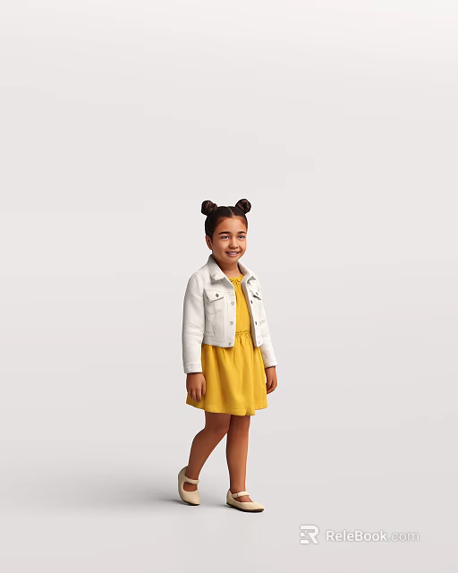 Happy Little Girl With Bun Hairstyle In White Denim Jacket And Yellow Dress 3d model 