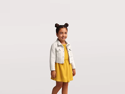 Happy Little Girl With Bun Hairstyle In White Denim Jacket And Yellow Dress 3d model