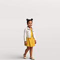 Happy Little Girl With Bun Hairstyle In White Denim Jacket And Yellow Dress