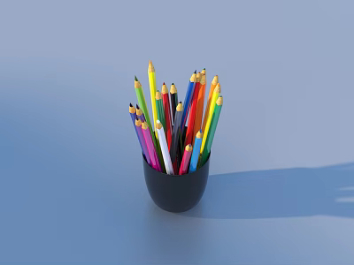 Colorful Drawing Pencils Placed In Black Cup On Blue Surface 3d model