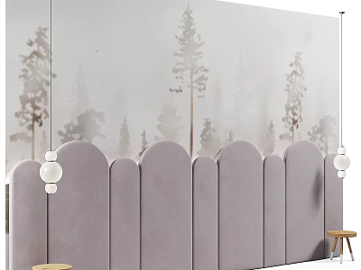Bedroom Accent Wall Design With Gray Curved Upholstery Tree Pattern Background And Spherical Pendant Lights 3d model