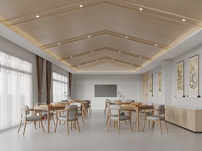 Spacious Dining Room Interior With Wooden Ceiling Tables Chairs Curtained Windows And Wall Paintings 3d model