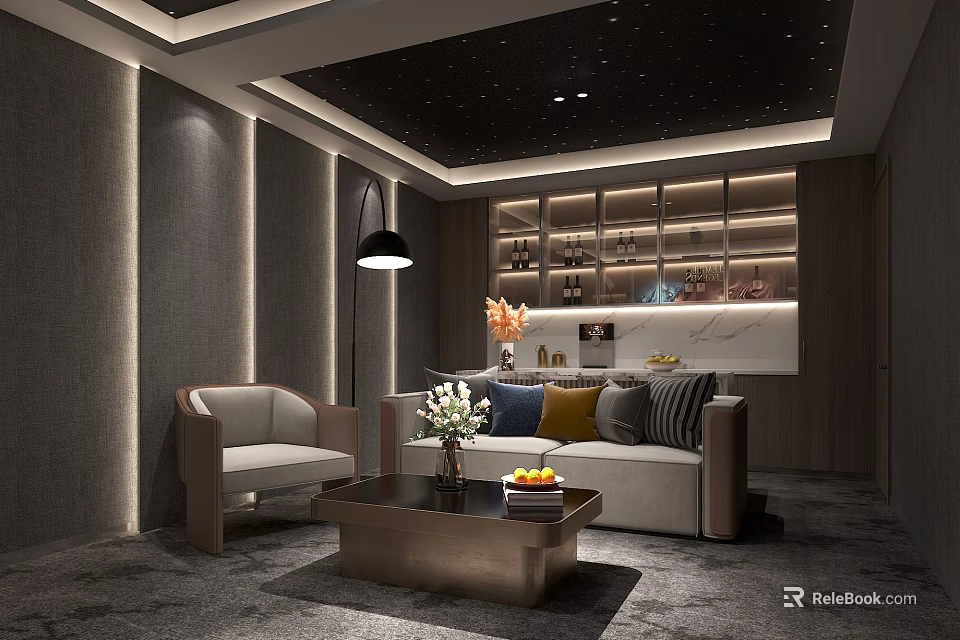 Elegant Home Theater Interior With Starry Ceiling Sofa Coffee Table Floor Lamp And Decorative Shelves 3d model 