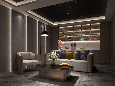 Elegant Home Theater Interior With Starry Ceiling Sofa Coffee Table Floor Lamp And Decorative Shelves 3d model