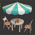 Outdoor Table with Round Design Blue White Striped Umbrella Red White Checkered Chairs Colorful Bottles