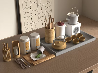 Traditional Chinese Tea Set with Teapot Cups Canisters and Bamboo Containers on Wooden Tray 3d model
