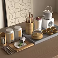 Traditional Chinese Tea Set with Teapot Cups Canisters and Bamboo Containers on Wooden Tray