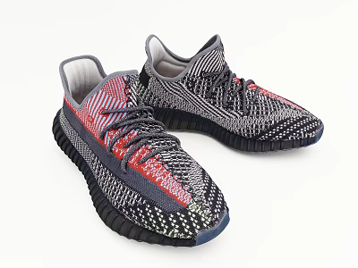 Knit Material Sneakers With Gray Red Black Color Combination And Black Sole 3d model