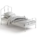 Stylish Single Bed with Black Metal Frame Pink Pillows and Gray Striped Blanket