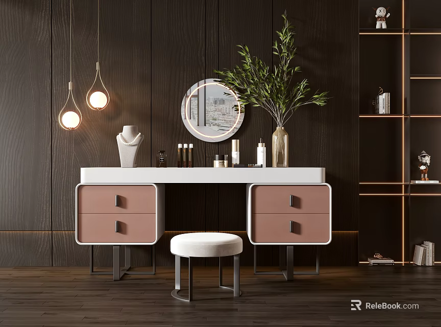 Modern Dressing Table Interior With Pink Drawers White Countertop Round Mirror Green Plant And Hanging Lights 3d model 