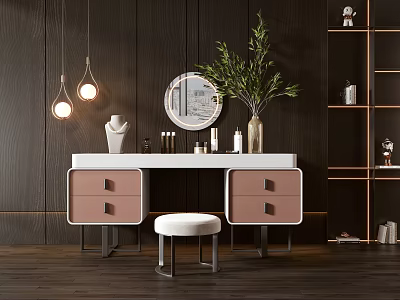 Modern Dressing Table Interior With Pink Drawers White Countertop Round Mirror Green Plant And Hanging Lights 3d model
