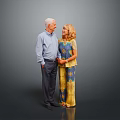 Elderly Man With White Hair In Light Blue Shirt Standing With Woman Against Gray Background