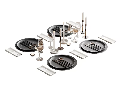 Elegant Modern Dinnerware Set with Black Plates Silver Cutlery Wine Glasses Candle Holders and Placemats 3d model