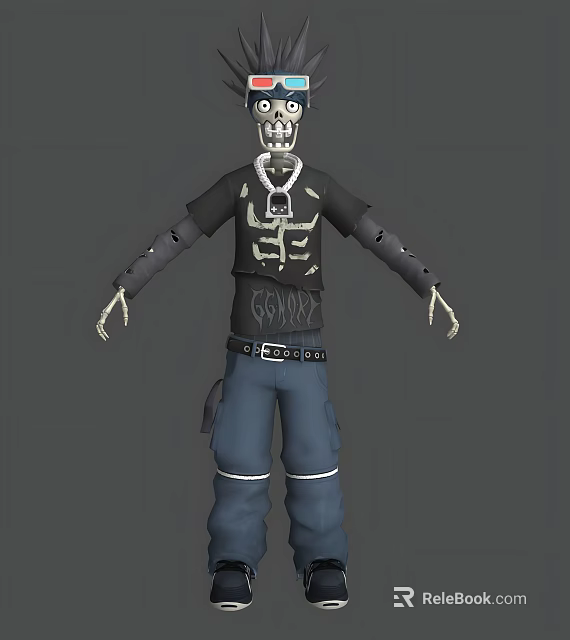 Game Movie Character Design with Skeleton Head Black T-shirt Blue Pants and Gloves 3d model 