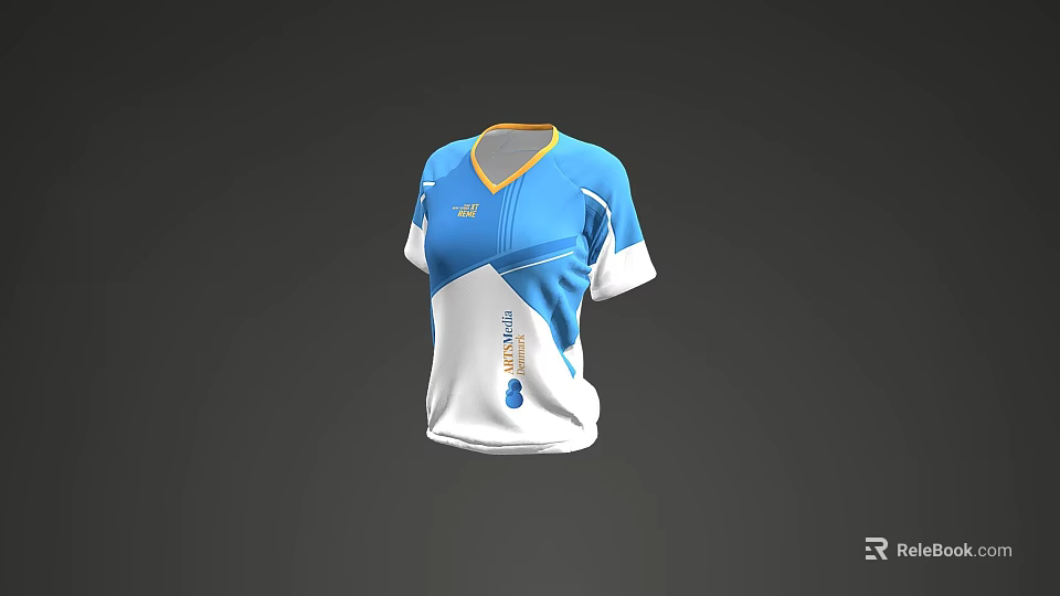 Blue And White Sports T-Shirt With Yellow Collar Short Sleeve Front Logo Design 3d model 