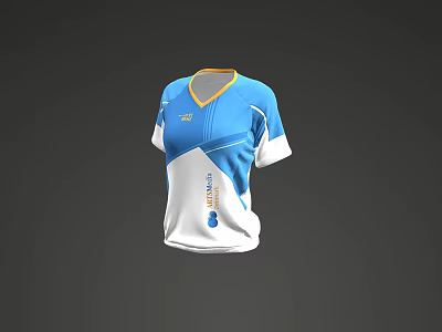 Blue And White Sports T-Shirt With Yellow Collar Short Sleeve Front Logo Design 3d model
