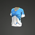 Blue And White Sports T-Shirt With Yellow Collar Short Sleeve Front Logo Design