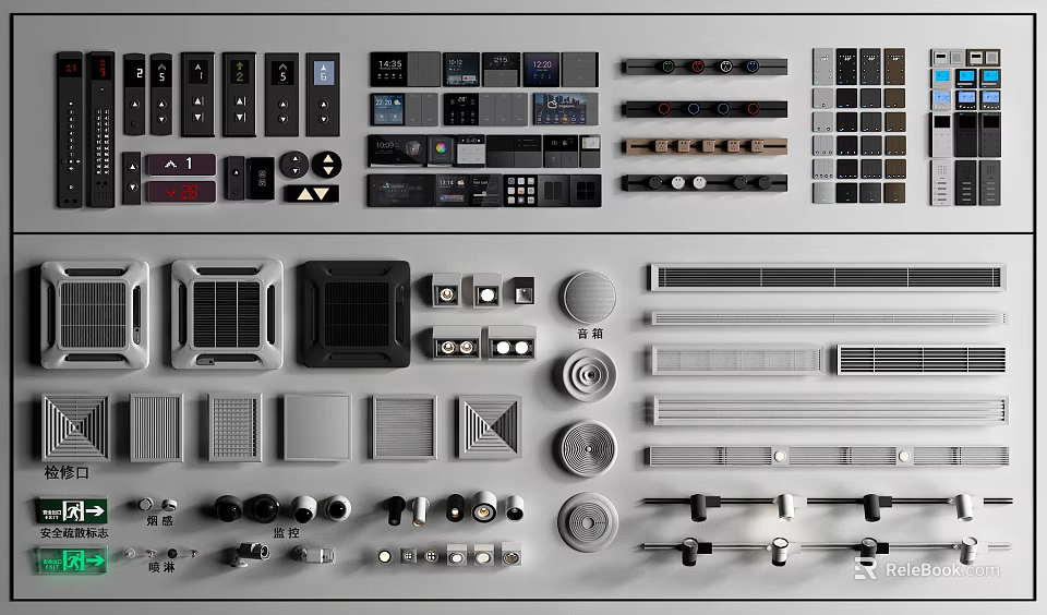 Assorted Modern Switch Panels Featuring Various Buttons Sockets Control Modules And Designs 3d model 