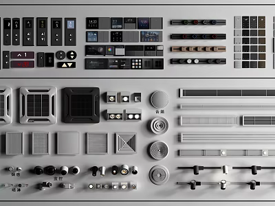 Assorted Modern Switch Panels Featuring Various Buttons Sockets Control Modules And Designs 3d model