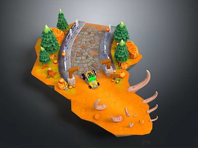 Natural Scenic Landscape With Stone Bridge Green Trees And Autumn Elements 3d model
