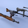 Vintage Weapons Collection Featuring Rifles Pistols And Submachine Guns With Wooden Stocks