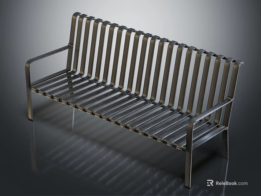 Modern Outdoor Bench With Metal Slatted Design Sturdy Frame And Armrests 3d model 