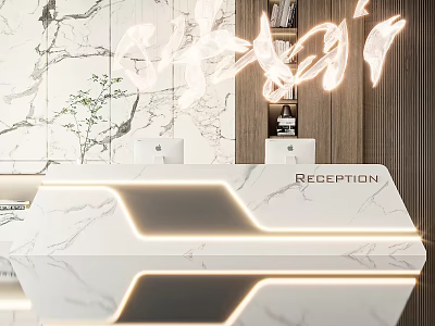Sleek Modern Reception Desk With Marble Surface Illuminated Edges And Green Plant Decor 3d model