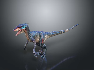Colorful 3D Rendered Velociraptor in Standing Pose with Open Mouth and Dark Background Reflection 3d model