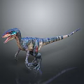 Colorful 3D Rendered Velociraptor in Standing Pose with Open Mouth and Dark Background Reflection