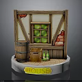 Miniature House Scene Setup With Broken Wall Wooden Barrel Crate Green Bottles Window And Apples