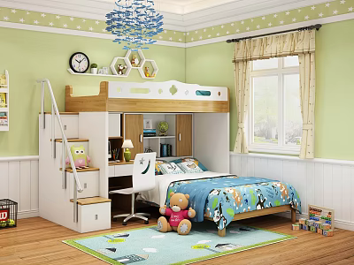 White Wooden Bunk Bed With Staircase Storage Desk Chair Blue Animal Patterned Sheets Green Walls 3d model