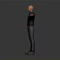 Bald Man In Dark Shirt Pants With Brown Belt Shoes Arms Outstretched Against Gray Background