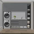 Modern Laundry Room Interior With Stacked Washing Machine And Dryer Gray Cabinets Sink Vase Flowers