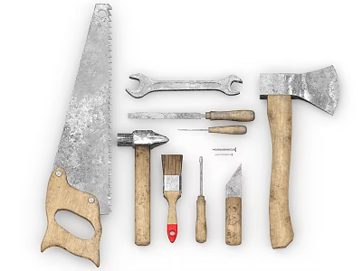 Practical Hardware Tools Set With Saw Wrench Axe Hammer And Brush 3d model