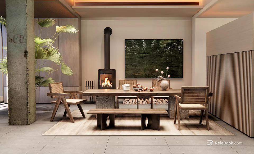 Modern Cozy Open Dining Living Room Interior With Natural Wood Furniture And Warm Freestanding Fireplace 3d model 