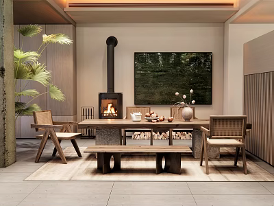 Modern Cozy Open Dining Living Room Interior With Natural Wood Furniture And Warm Freestanding Fireplace 3d model