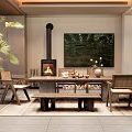 Modern Cozy Open Dining Living Room Interior With Natural Wood Furniture And Warm Freestanding Fireplace