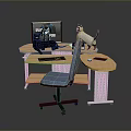 Home Office Desk with Monitor Keyboard Black and White Cats and Blue Chair
