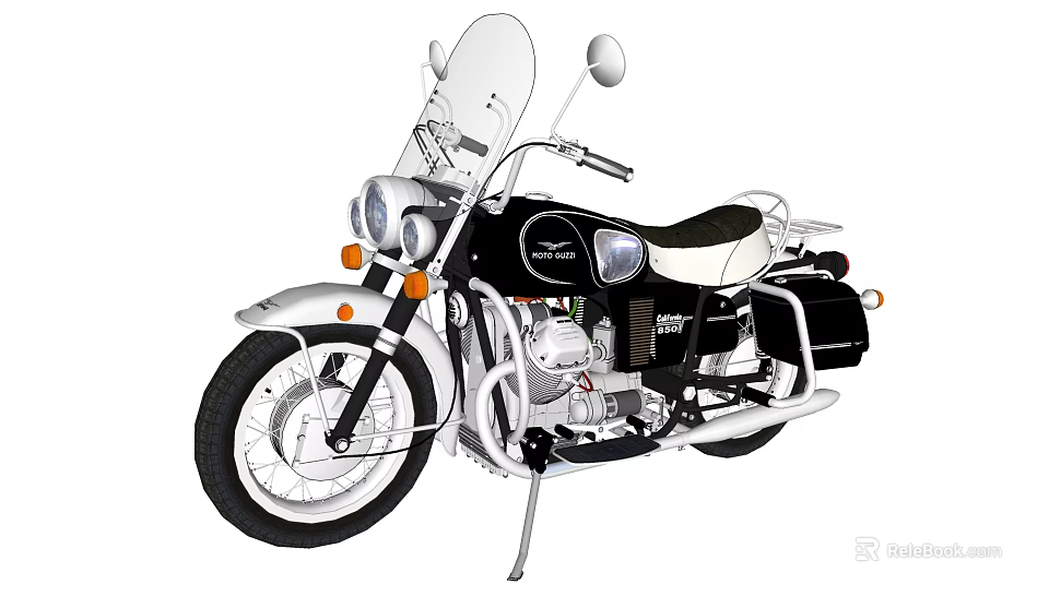 Classic Black And White Motorcycle With Windshield Side Mirrors And Leather Seat 3d model 