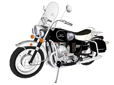 Classic Black And White Motorcycle With Windshield Side Mirrors And Leather Seat 3d model