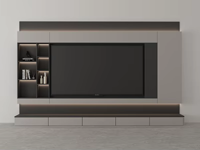 Modern TV Wall Design With Large Screen TV Open Shelves LED Lighting And Drawers 3d model