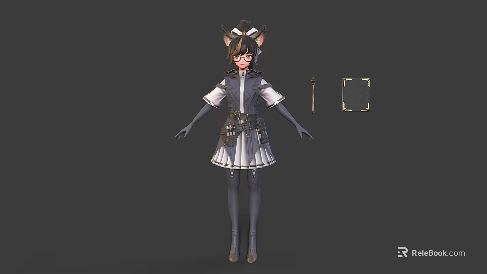 Cat Eared Fantasy Character 3D Model With Gray White Dress Belt And Weapon Staff 3d model 