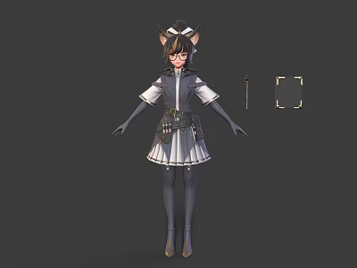 Cat Eared Fantasy Character 3D Model With Gray White Dress Belt And Weapon Staff 3d model