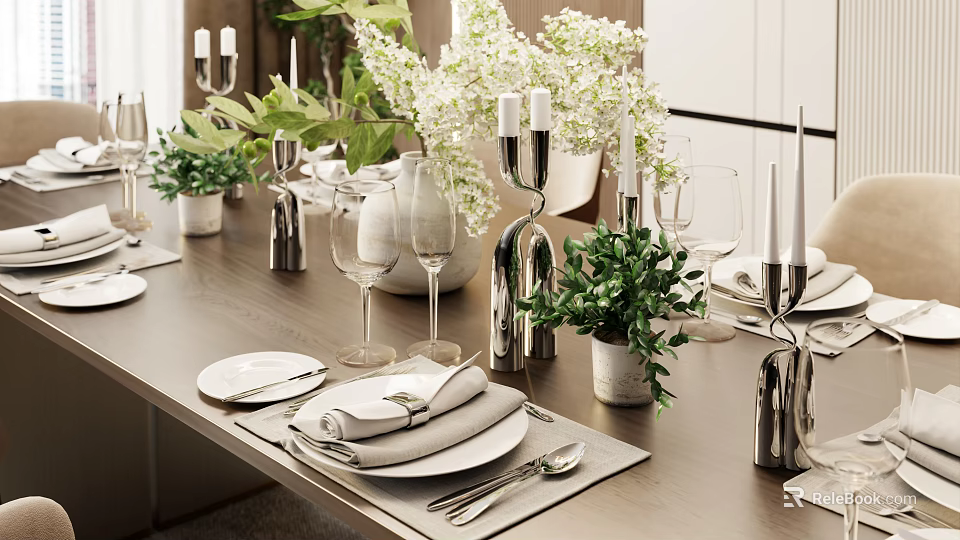 Elegant Tableware Set With White Plates Napkins Silver Cutlery Wine Glasses And Green Plants 3d model 