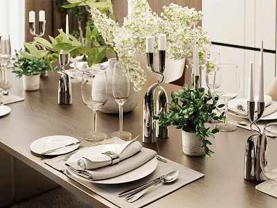 Elegant Tableware Set With White Plates Napkins Silver Cutlery Wine Glasses And Green Plants 3d model