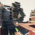 Dense Multi layered Residential Building With Colorful Balconies And Ground Floor Shops