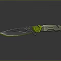 Modern Tactical Knife With Green And Gray Handle Yellow Edge Blade Contemporary Design Reflective Surface