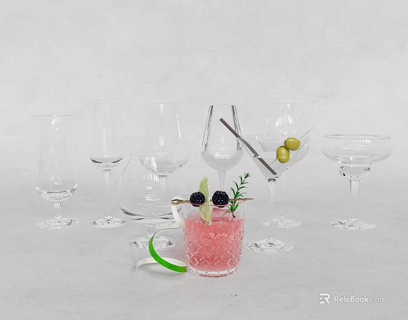 Glass Tableware Set Including Various Cocktail Glasses Garnishes Olives Blackberries Rosemary and Stirrers 3d model 